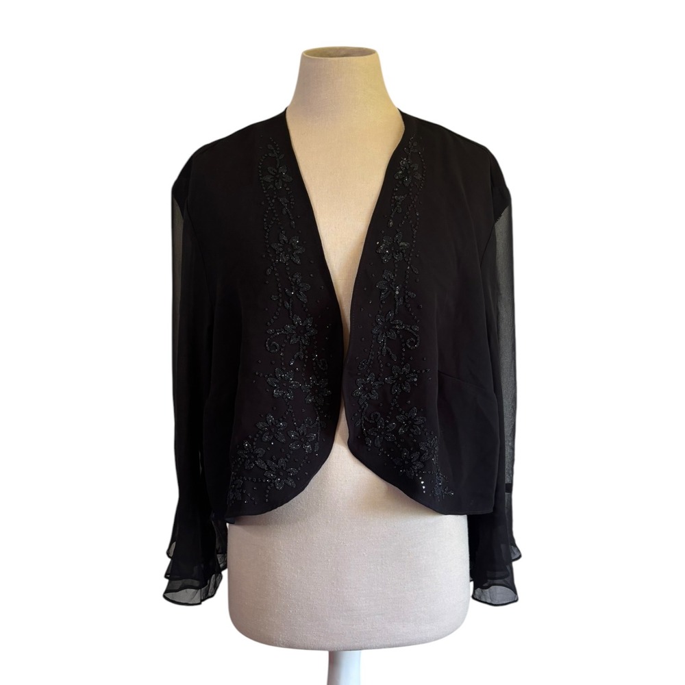 Vintage Y2K Black Beaded Sheer Shrug Cardigan Bolero Womens Sz 20w Bell Sleeve